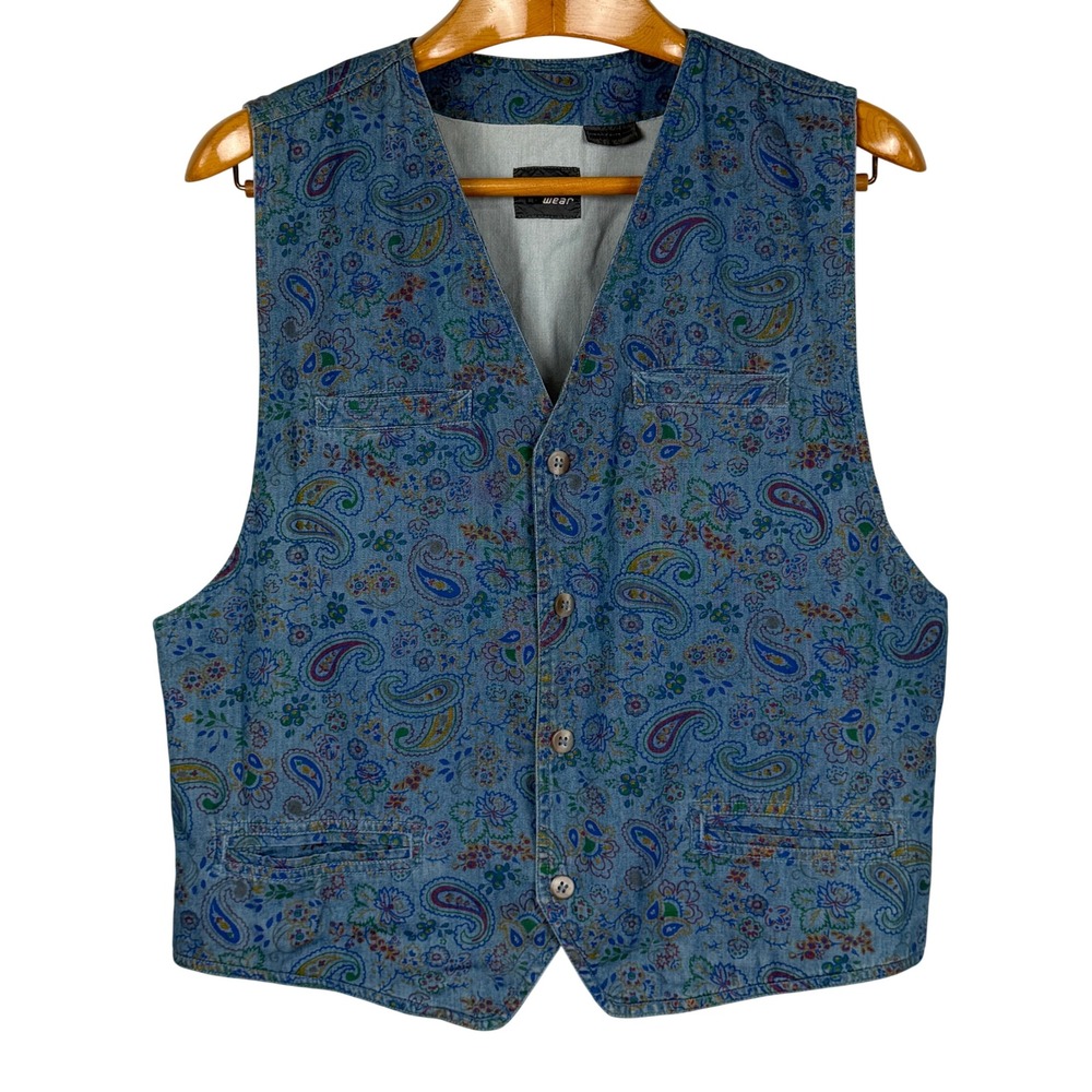 Lizwear Womens Large Blue Paisley Floral Cotton Vest Boho Lightweight Denim Look